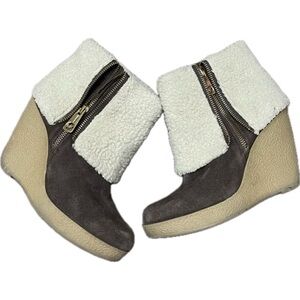 NEW Michael Kors Wedge Boots Suede Leather & Sherpa w/ Zipper Detail